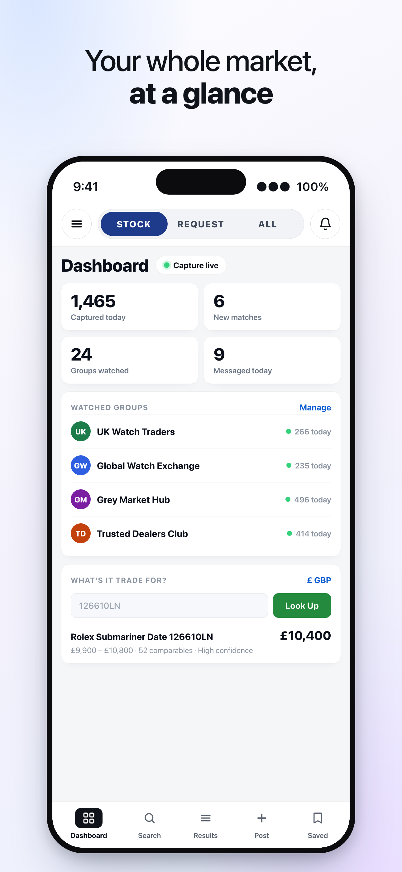 The Live Watch Stock dashboard on iPhone