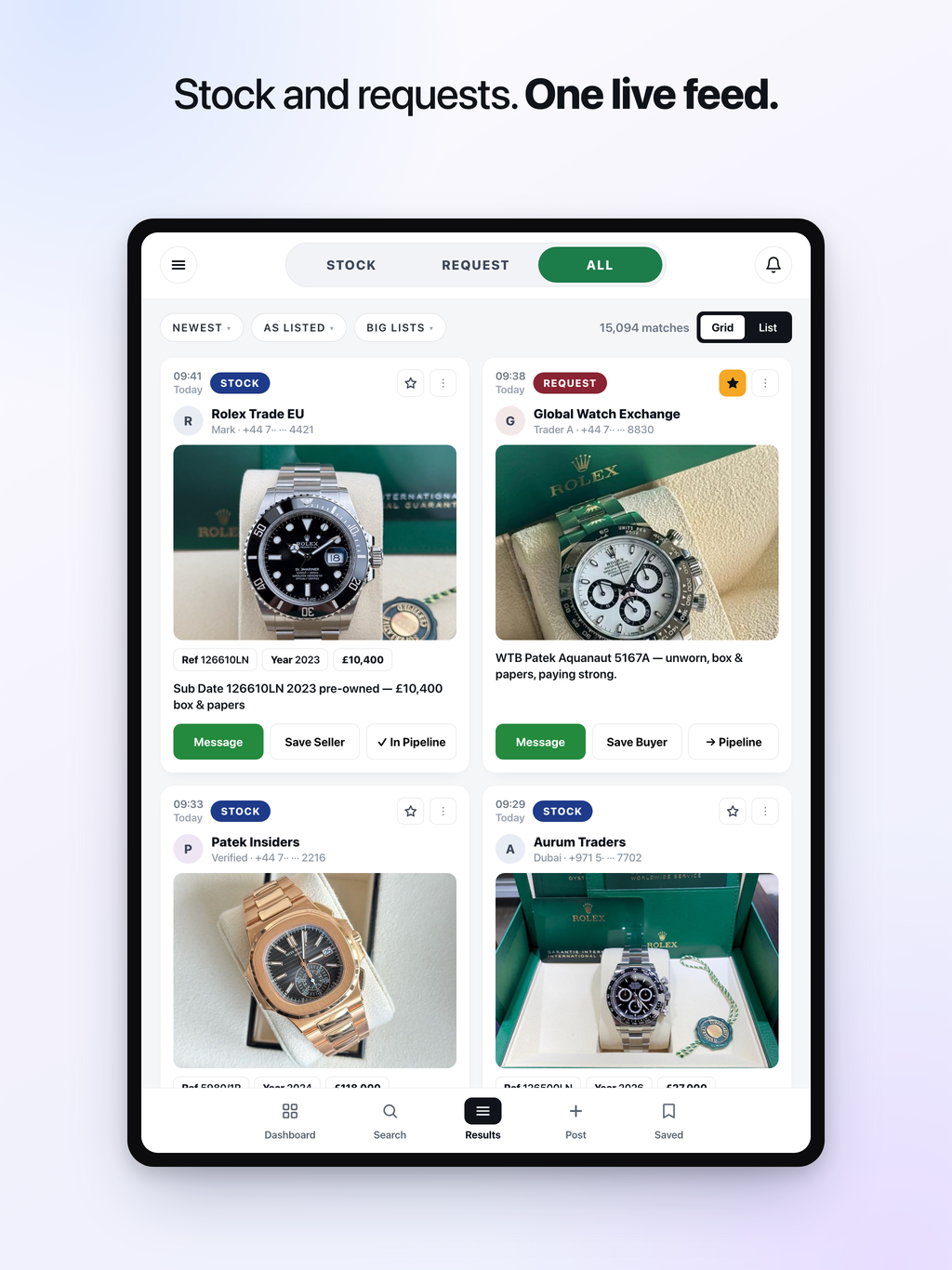 Live Watch Stock showing captured dealer stock as searchable listings