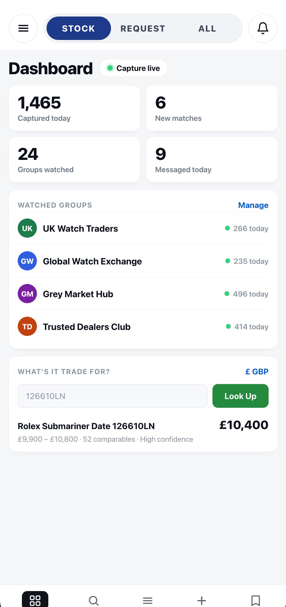 The dashboard in the Live Watch Stock app