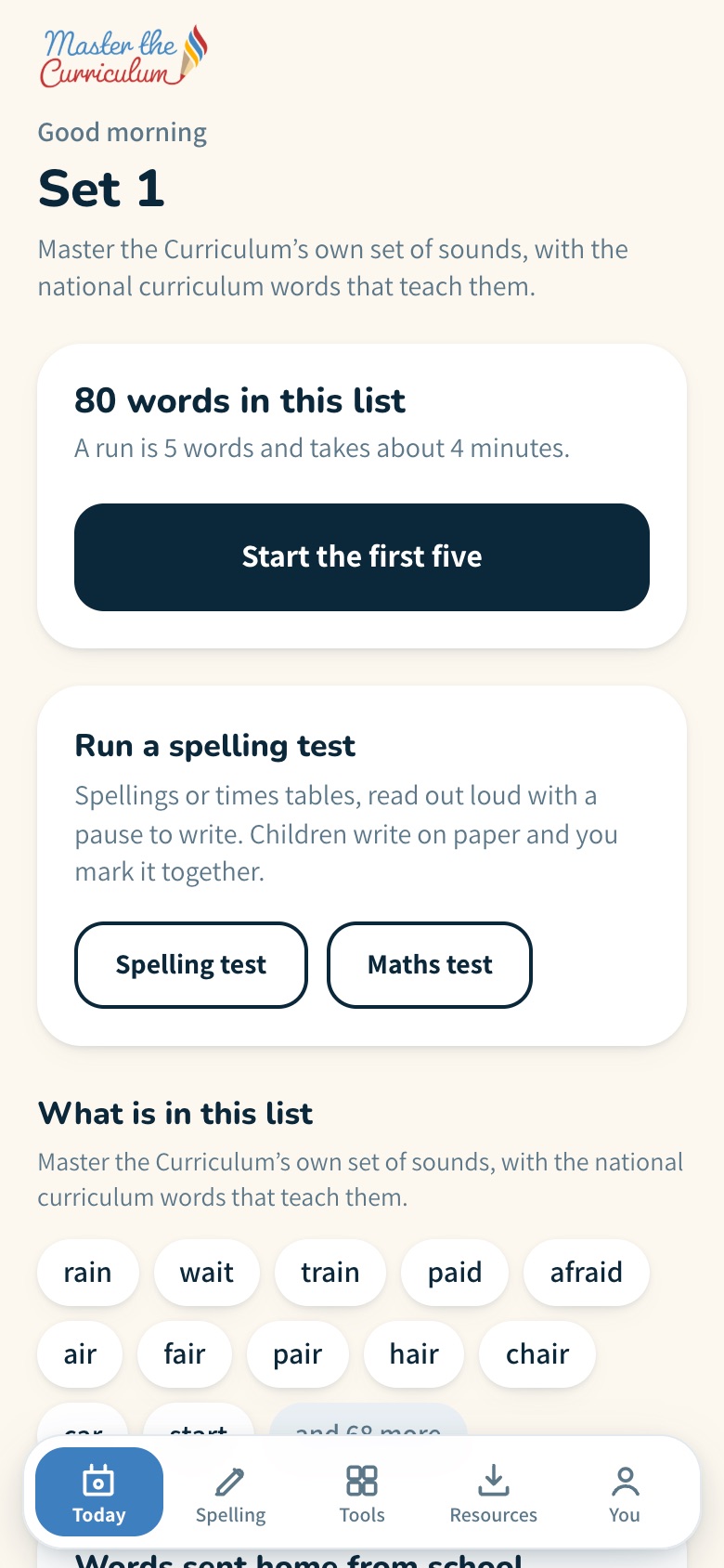 The Master the Curriculum app on an iPhone, showing today’s word list